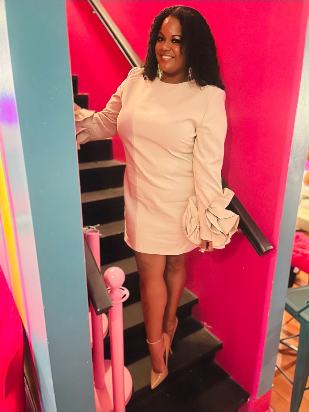 Fashion Nova Beige Puff-Ruffle Sleeve Mini Dress